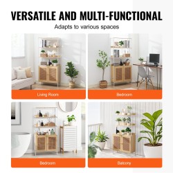 Rottinkikirjahylly kuusi hyllytasoa kahdella ovella teräsrunko MDF hyllyt luonnonväri säädettävät jalat