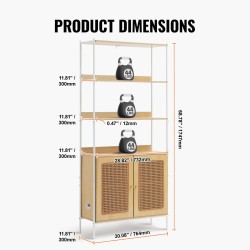 Rottinkikirjahylly kuusi hyllytasoa kahdella ovella teräsrunko MDF hyllyt luonnonväri säädettävät jalat