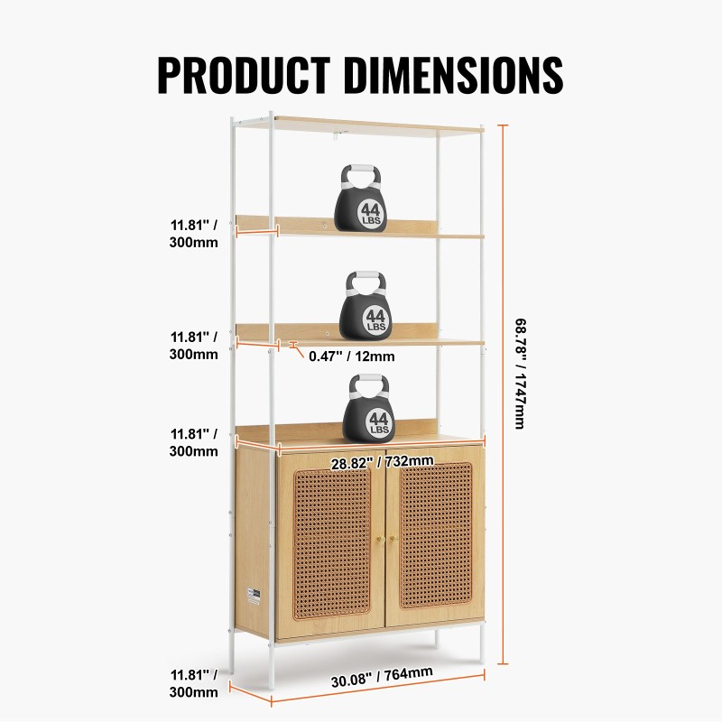 Rottinkikirjahylly kuusi hyllytasoa kahdella ovella teräsrunko MDF hyllyt luonnonväri säädettävät jalat
