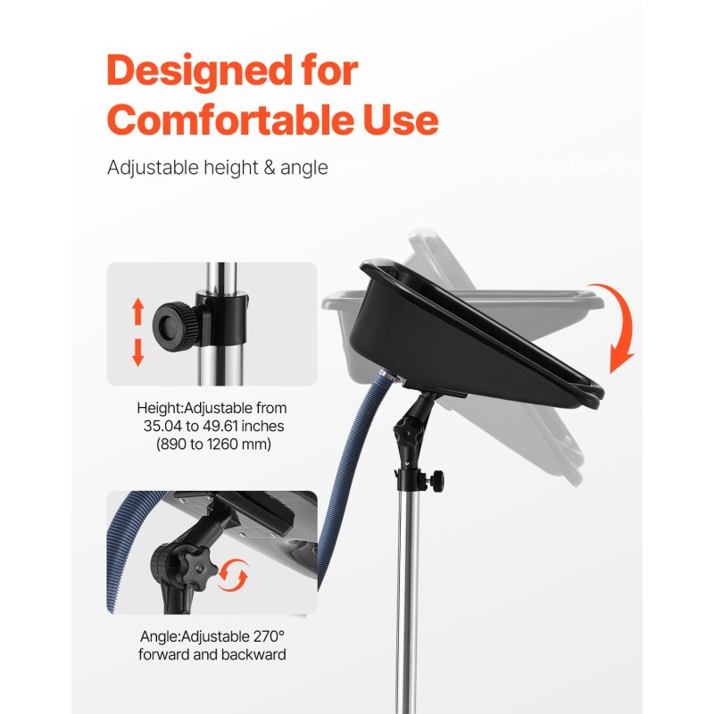 Seisova hiustenpesuallas säädettävä korkeus 89–126 cm kallistuskulma 1,8 m poistoletku