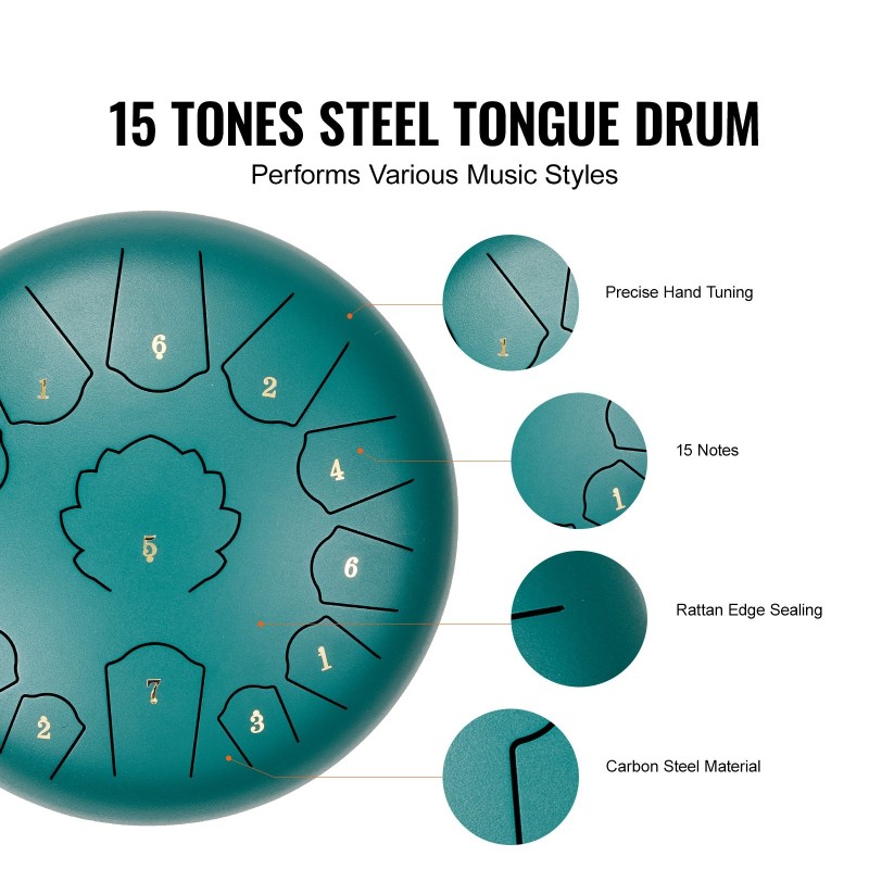 Teräsrumpu 12 tuumaa hiiliteräs 13 säveltä C-duuri vihreä 2 kapulaa kantolaukku
