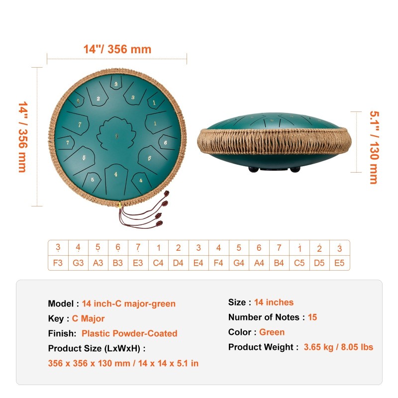 Kielirumpu hiiliterästä 14 tuuman 15 äänialuetta C-duuri vihreä