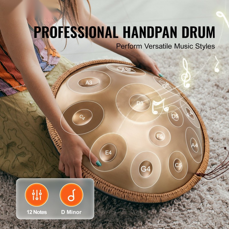 Handpan-rumpu hiiliteräs 55,9 cm 12 säveltä D-molli kultainen