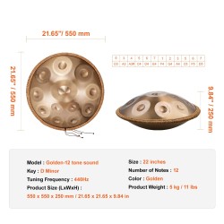 Handpan-rumpu hiiliteräs 55,9 cm 12 säveltä D-molli kultainen