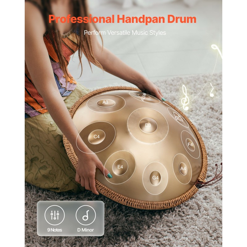 Handpan-rumpu 56 cm 9-ääninen 432 Hz D-molli nitrattu ruostumaton teräs