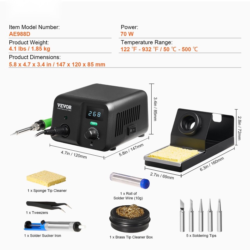 Juotosasema 70W digitaalinen 50–500°C sisäänrakennettu muuntaja 5 juotinkärkeä lyijytön juote pinsetit