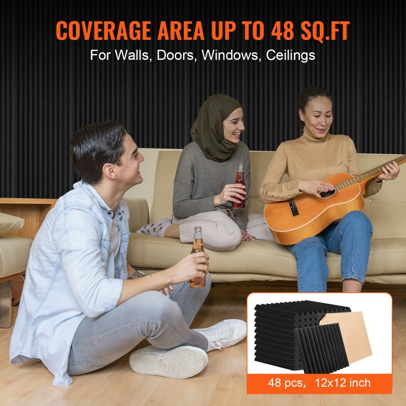 Akustiikkavaahtopaneelit 48 kpl 300 x 300 x 25 mm polyuretaanivaahto musta