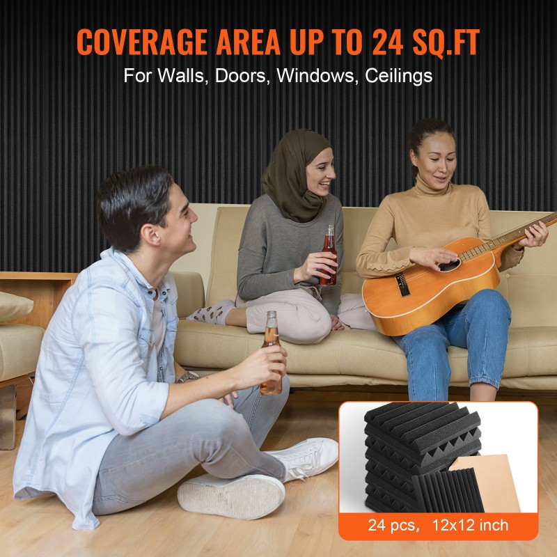 Akustiset polyuretaanivaahtopaneelit 300×300×50 mm 24 kpl itseliimautuva musta