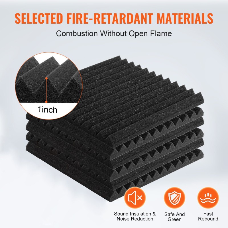 Akustiset korkeatiheyksiset polyuretaanivaahtopaneelit 52 kpl 300x300x25 mm musta paloa hidastava