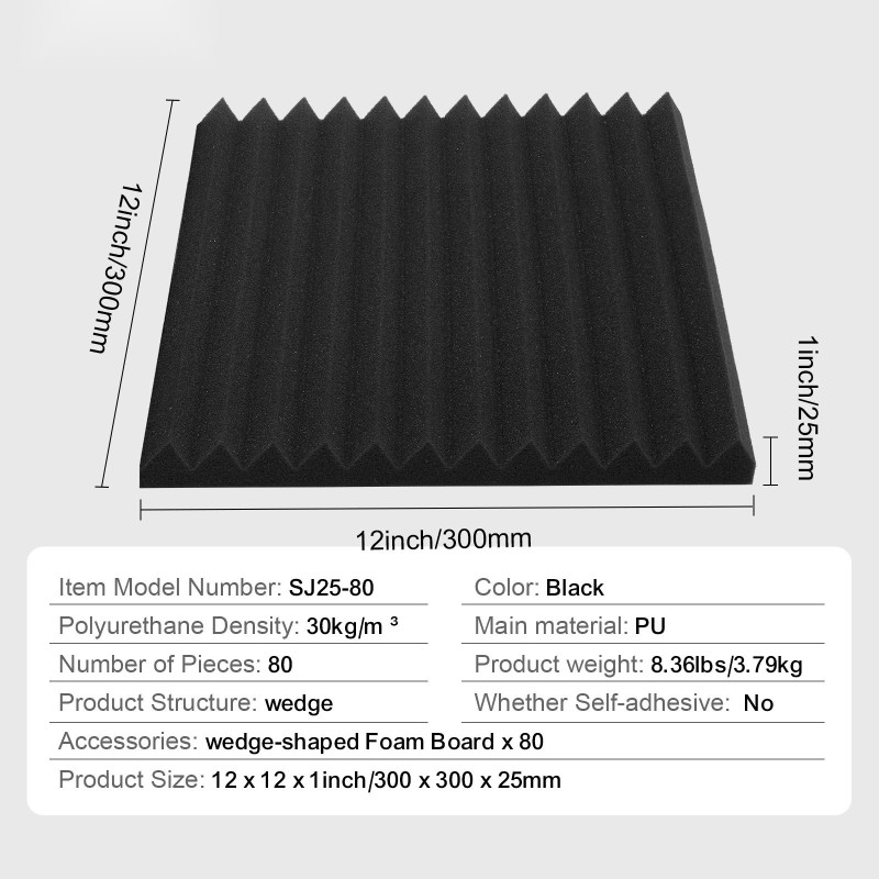 Akustiikkavaahtopaneelit polyuretaani koko 300×300×25 mm 80 kpl mustat