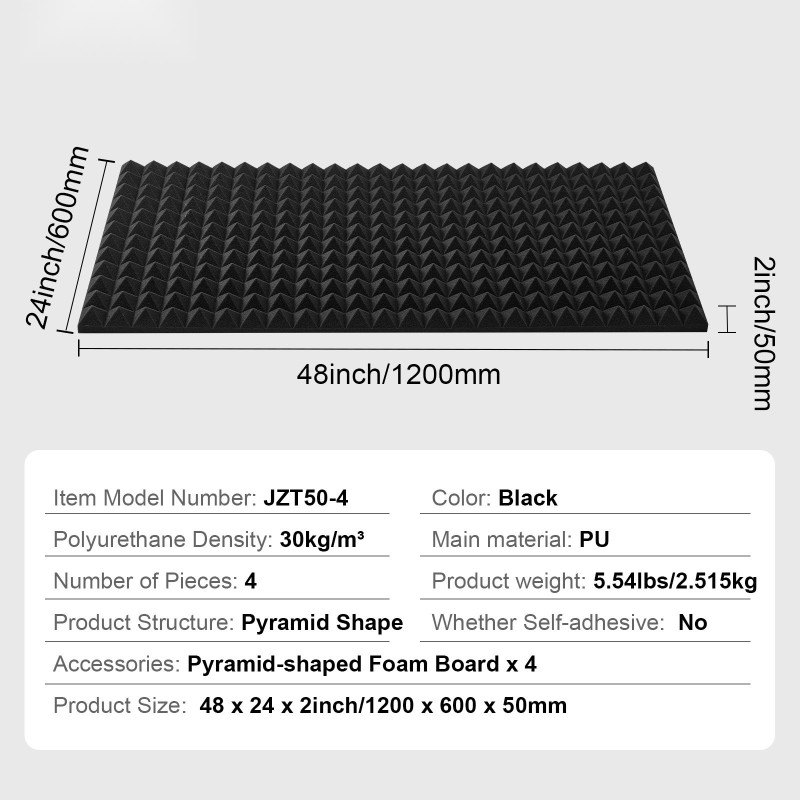 Akustinen polyuretaanivaahtopaneeli 1200x600x50 mm 4 kpl pyramidikuvioitu musta