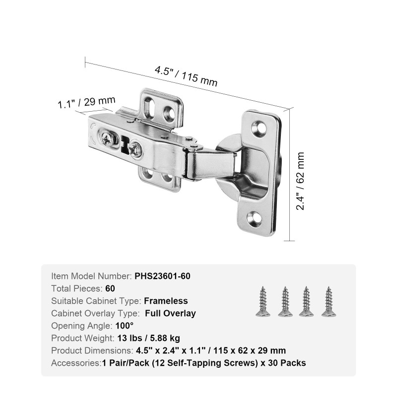 Kaapin saranat ruostumatonta terästä 60 kpl rungottomille kaapeille 100 asteen pehmeä sulkeutuminen