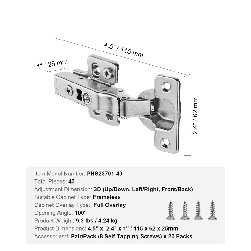 Kaapin saranat 40 kpl ruostumaton teräs pehmeästi sulkeutuva täysi peitto rungottomiin kaappeihin