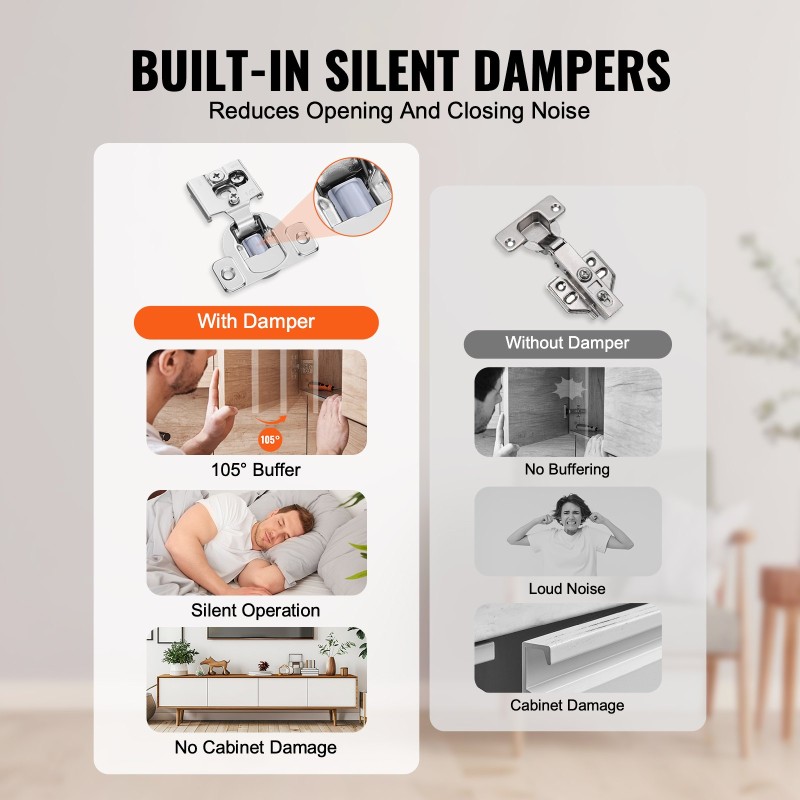 Kaappisaranat 60 kpl ruostumatonta terästä osittaisen peitteen 105° pehmeä sulkeutuminen