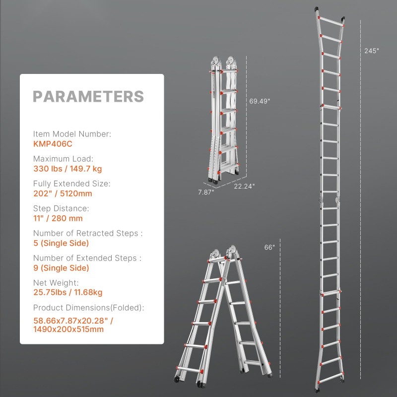 Teleskooppitikkaat A-runkoinen alumiiniseos 6,23 m 149,7 kg sisä- ja ulkokäyttöön
