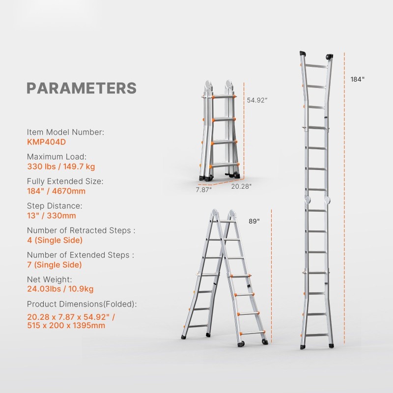 A-tikkaatyyppinen alumiiniteleskooppitikas 4,67 m 149,7 kg kantavuus kokoontaittuva kolmiasentoinen