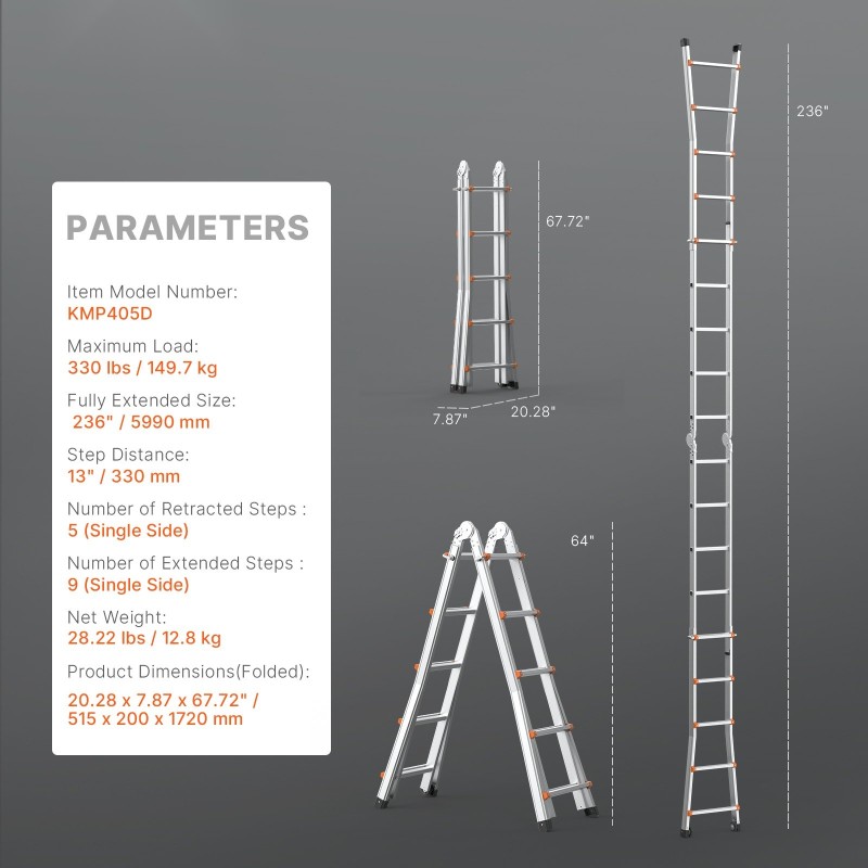 Teleskooppinen A-tyypin jatkotikas alumiinirakenteinen 5,99 m 149,7 kg kantavuus