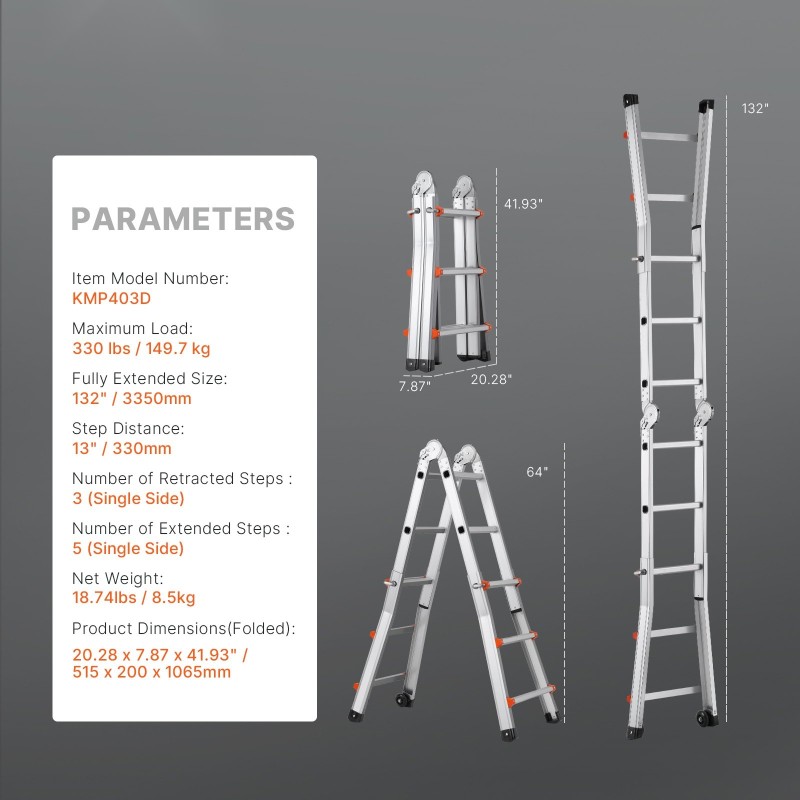 A-mallinen teleskooppitikas alumiinirunko 335 senttimetriä 149,7 kilogramman kantavuus sisä ja ulkokäyttöön