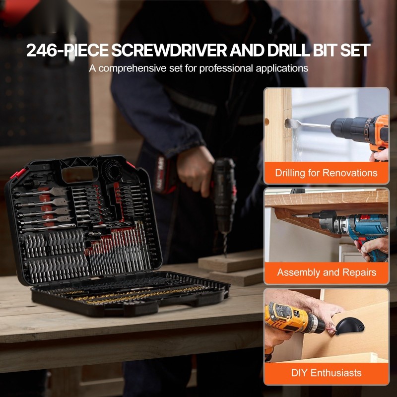 Poranterä ja ruuvikärkisarja 246-osainen puulle metallille muoville betonille lukittavalla kotelolla