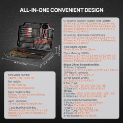 Poranterä ja ruuvikärkisarja 246-osainen puulle metallille muoville betonille lukittavalla kotelolla