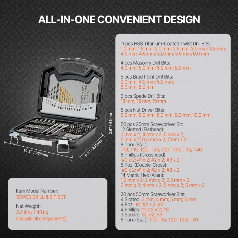 Pora- ja ruuvauskärkisarja 101-osainen teräskärjet puu metalli muuraus muovi säilytyslaukku
