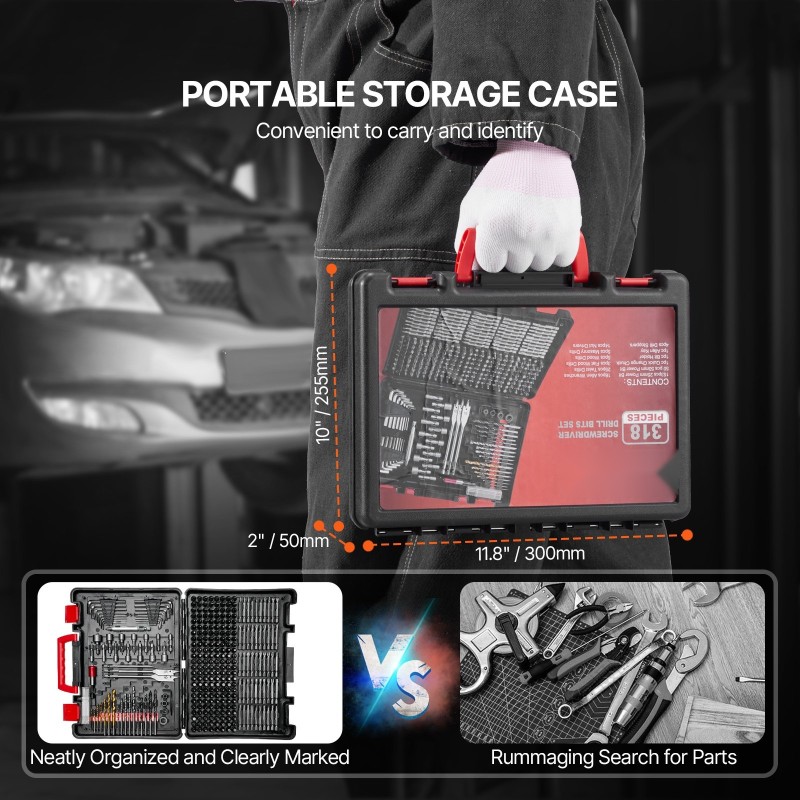 318-osainen poranterä- ja ruuvauskärkisarja puu metalli muovi betoni CR-V-kärjet säilytyslaukku