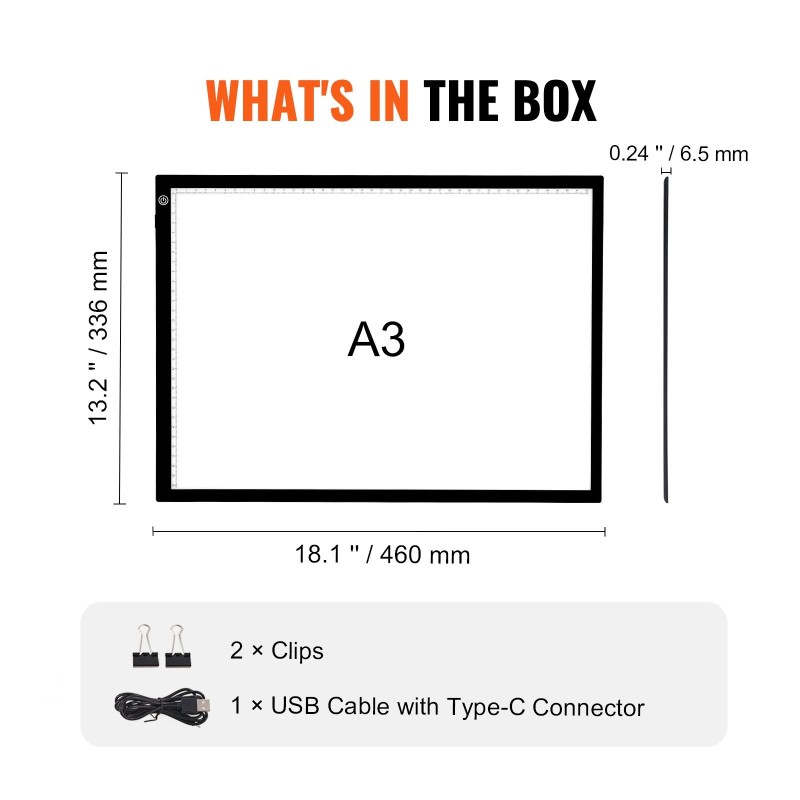 A3-kokoinen ohut LED-valopöytä piirtämiseen USB-C-liitännällä kolmitasoinen kirkkaus musta