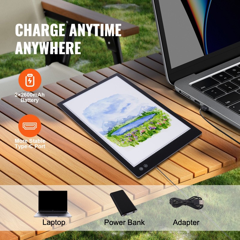 Ladattava A2-kokoinen LED-valopöytä 5200mAh 8 mm ohut musta sisäänrakenteisella ruudukolla