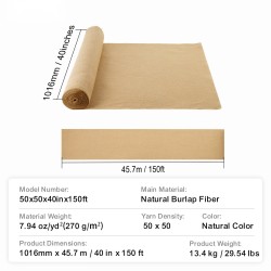 Juuttisäkkikangasrulla 100% juutti 1016 mm x 45,7 m 50 x 50 kudos