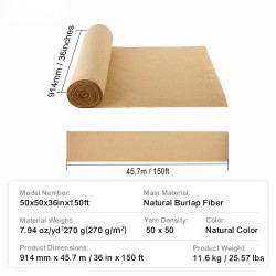 Juuttikangasrulla 914 millimetriä 45,7 metriä luonnollinen juutti 50 kertaa 50 kudos