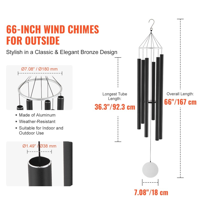 Tuulikellot alumiini ja kumipuu 1677 mm 6 putkea C-duuri ulkokäyttöön