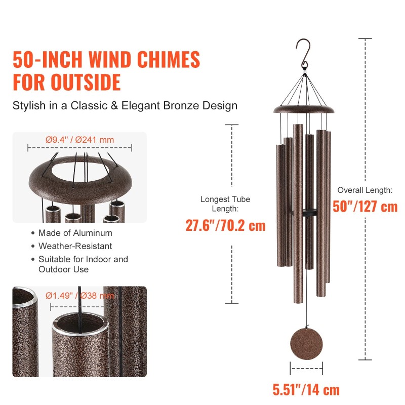 Tuulikello 1270 mm 6 alumiiniputkea kuparinsävyinen ulkokäyttöön