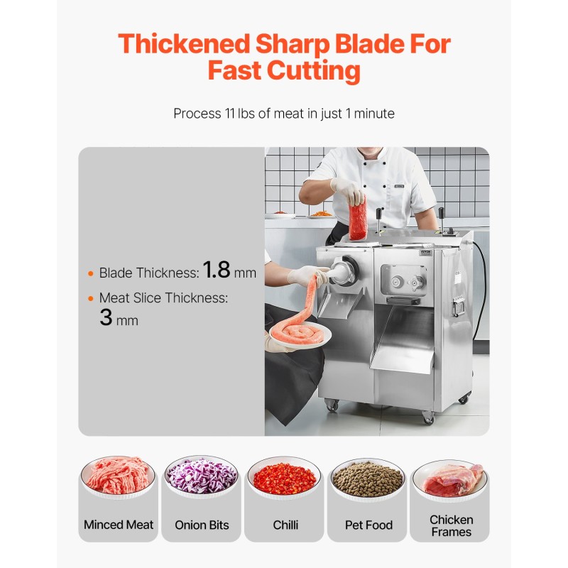 Sähköinen kolmitoiminen lihamylly 1100 wattia ruostumaton teräsrunko jauhaminen viipalointi makkarantäyttö