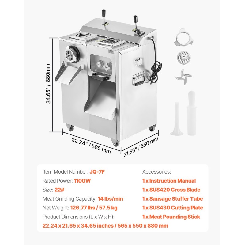 Sähköinen kolmitoiminen lihamylly 1100 wattia ruostumaton teräsrunko jauhaminen viipalointi makkarantäyttö