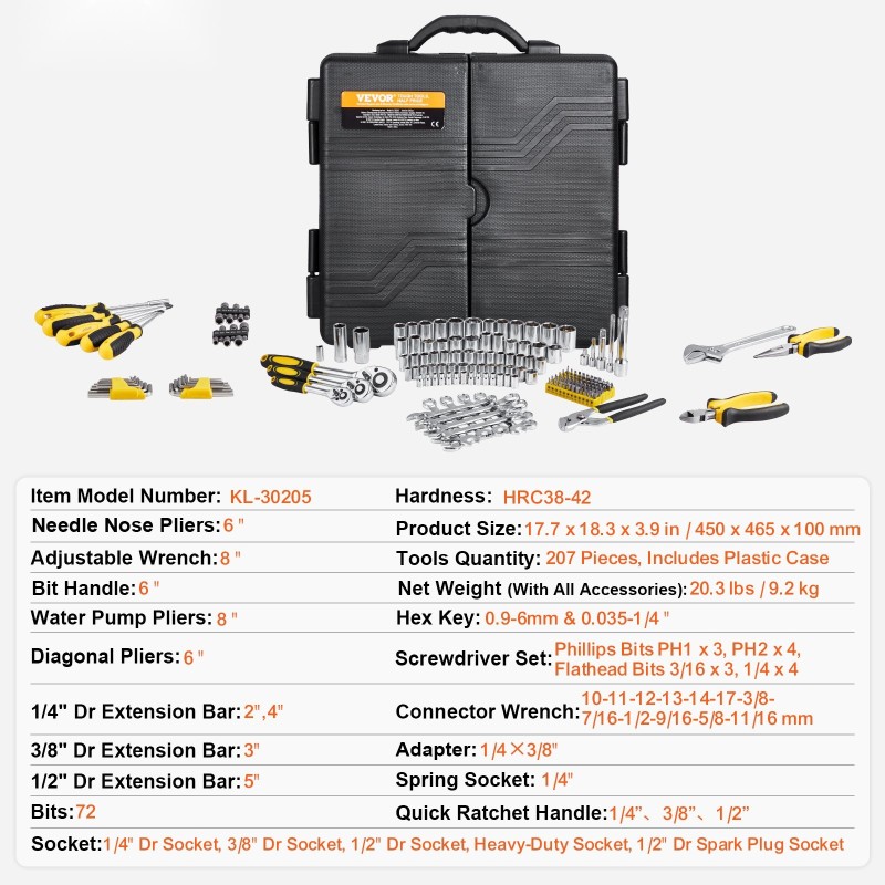 Työkalusarja 207-osainen seosteräinen mekaanikolle 1/4 3/8 1/2 tuuman hylsyillä autoihin