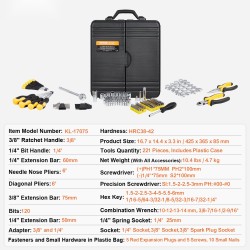 Mekaanikkosarja 221-osainen seosteräksestä 1/4- ja 3/8-tuuman vetokannoilla SAE- ja metrisiin kokoihin muovilaukulla
