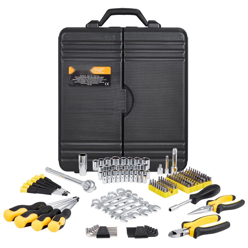 Mekaanikkosarja 221-osainen seosteräksestä 1/4- ja 3/8-tuuman vetokannoilla SAE- ja metrisiin kokoihin muovilaukulla