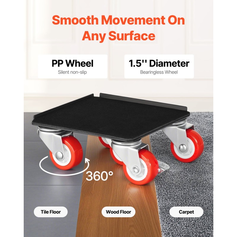 Huonekalualustasarja hiiliteräs 4 kpl 544 kg kantavuus 5 kääntyvää pyörää alustaa kohti