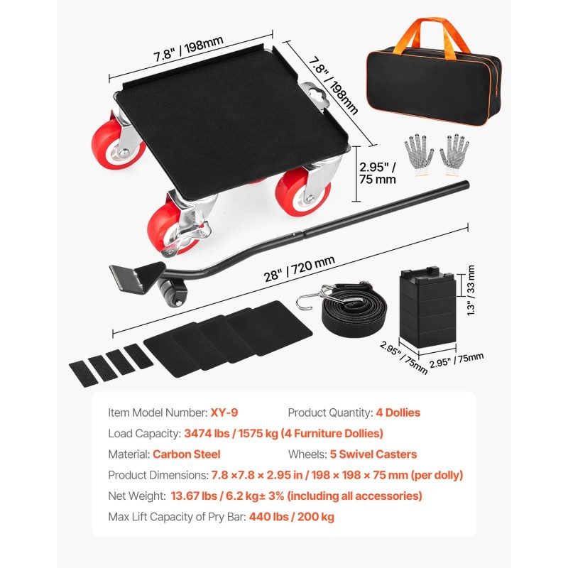 Huonekalusiirrin neljän alustan hiiliteräs 1575 kilogramman kantavuus 360 asteen pyörät