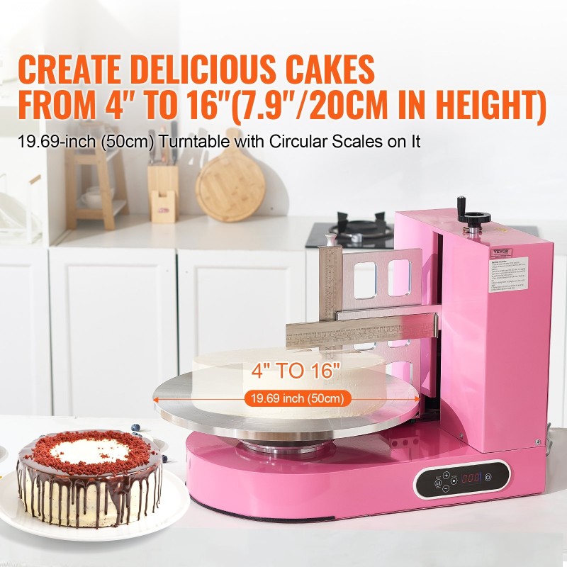 Kakun kuorrutuskone säädettävällä kaavimella 4–16 tuuman kakuille 35 cm pyöröalustalla vaaleanpunainen