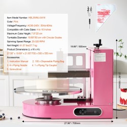 Kakun kuorrutuskone säädettävällä kaavimella 4–16 tuuman kakuille 35 cm pyöröalustalla vaaleanpunainen