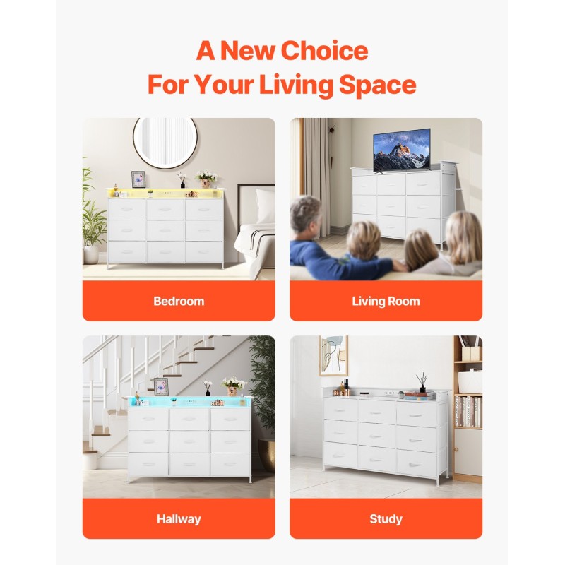 Korkea lipasto 9 laatikkoa tekstiililaatikot teräsrunko LED-valaistus sisäänrakennettu pistorasia