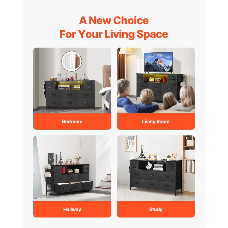 Kangaslaatikosto 10 laatikkoa teräsrunko PU-nahkaiset yksityiskohdat LED-valaistus sisäänrakennetut pistorasiat avohylly musta