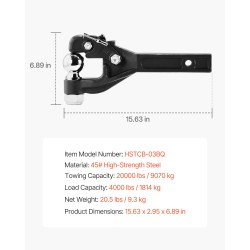 Pintle-vetokoukku hiiliteräs musta pulverimaalipinta 9070 kg vetokyky yhdistelmä 2-5/16 kuulavetolaite