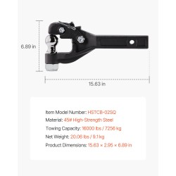 Pintle-vetokoukku hiiliteräs 7256 kg vetokapasiteetti 2-tuumainen vetopallo 2,5–3-tuumaisille lunette-renkaille musta
