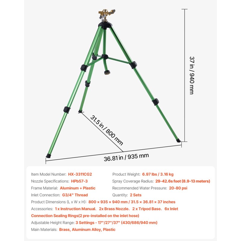 Kolmijalkainen iskupulssiruisku messinkipäällä alumiini‑muovirunko 360 asteen pyörivä säädettävä korkeus puutarhaan 2 kpl