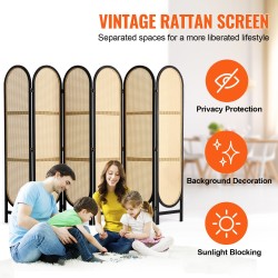 Tilanjakaja 6 paneelia käsinkudottu rottinki paulownia puurunko taitettava musta ja ruskea