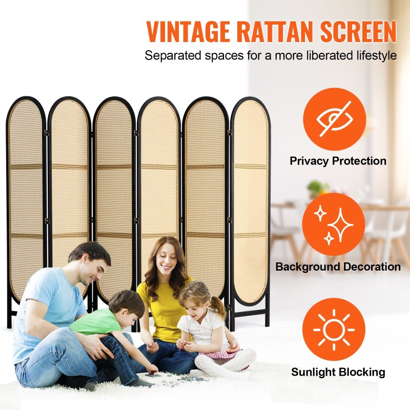 Tilanjakaja 6 paneelia käsinkudottu rottinki paulownia puurunko taitettava musta ja ruskea