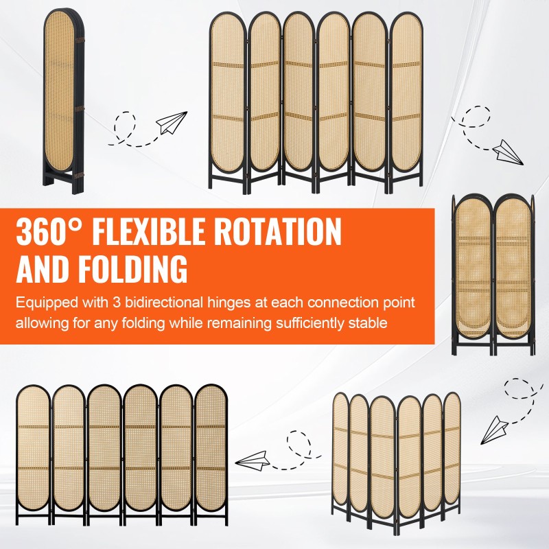 Tilanjakaja 6 paneelia käsinkudottu rottinki paulownia puurunko taitettava musta ja ruskea