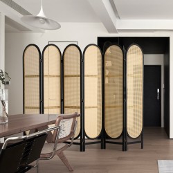 Tilanjakaja 6 paneelia käsinkudottu rottinki paulownia puurunko taitettava musta ja ruskea